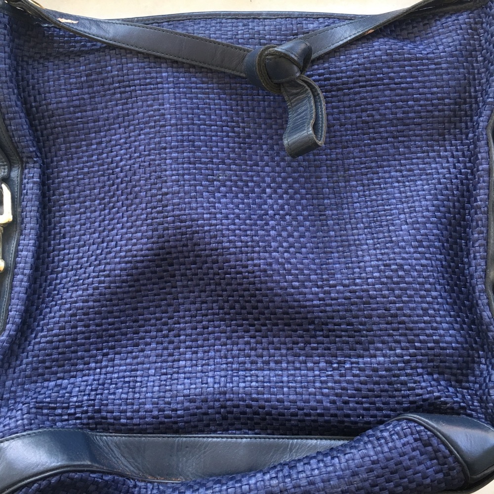 Woven Navy Blue Tote Bag with Leather Trim